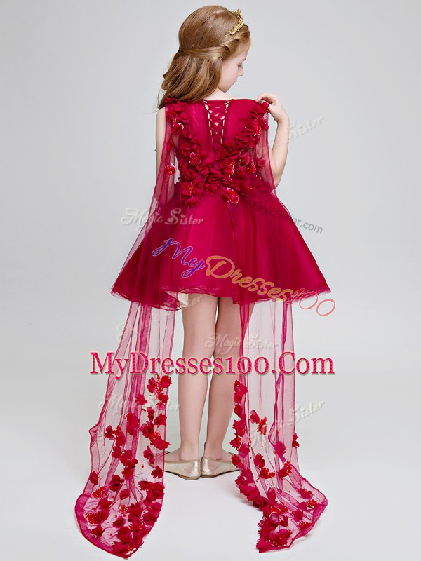 Vintage Wine Red Ball Gowns Hand Made Flower Flower Girl Dress Lace Up Tulle Sleeveless