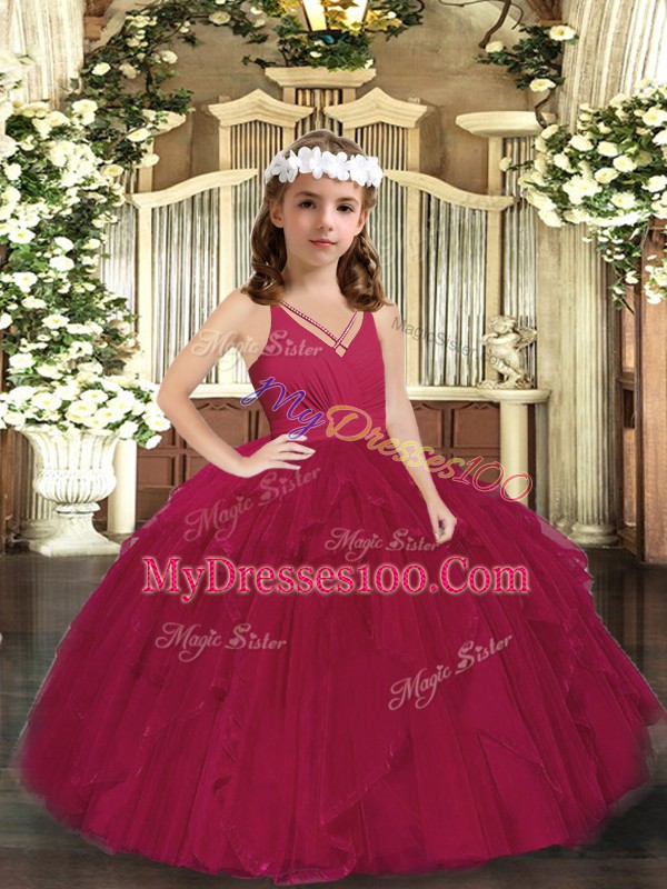 Burgundy Little Girl Pageant Gowns Party and Wedding Party with Ruffles and Ruching V-neck Sleeveless Zipper