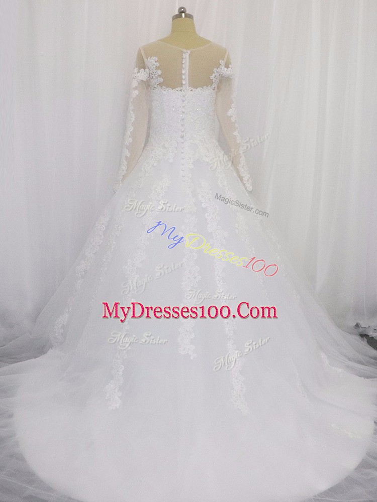 Scoop Long Sleeves Wedding Dress Court Train Beading and Lace White Tulle