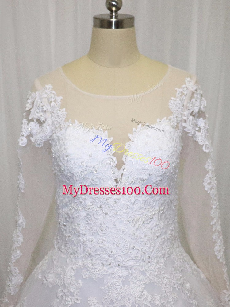 Scoop Long Sleeves Wedding Dress Court Train Beading and Lace White Tulle