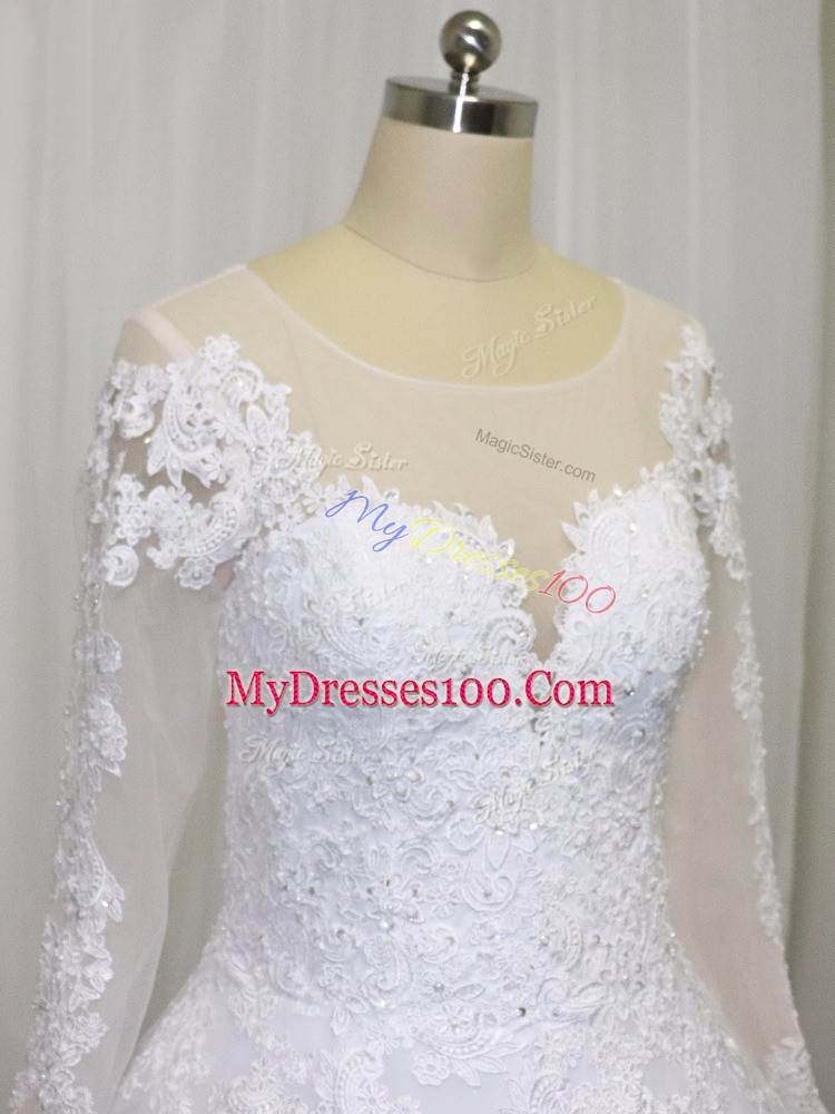 Scoop Long Sleeves Wedding Dress Court Train Beading and Lace White Tulle