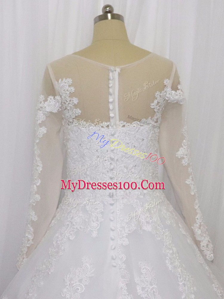 Scoop Long Sleeves Wedding Dress Court Train Beading and Lace White Tulle