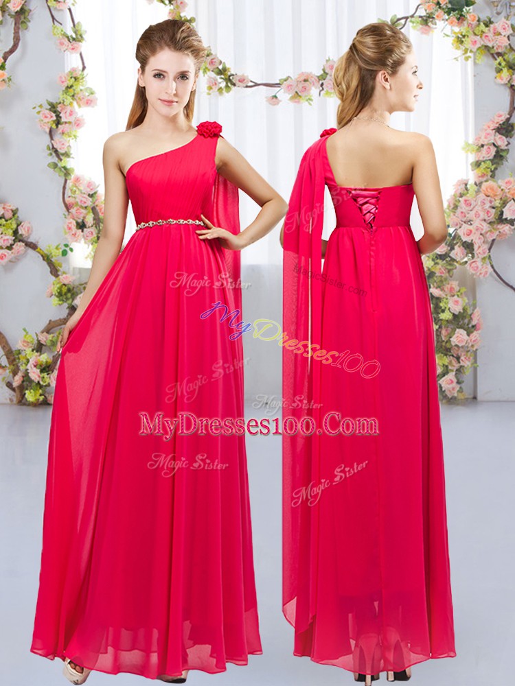 Gorgeous Red Sleeveless Floor Length Beading and Hand Made Flower Lace Up Quinceanera Court of Honor Dress