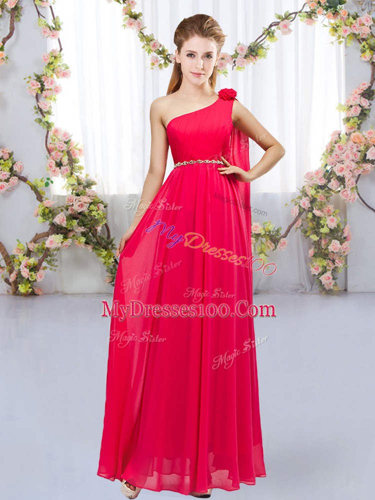 Gorgeous Red Sleeveless Floor Length Beading and Hand Made Flower Lace Up Quinceanera Court of Honor Dress
