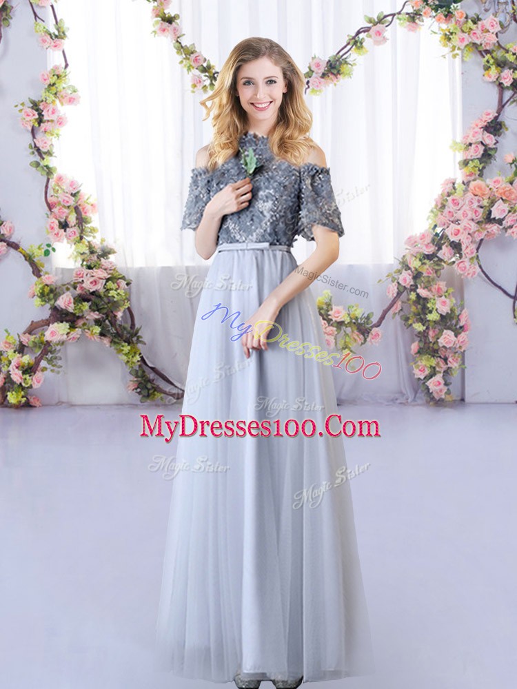 Fantastic Empire Bridesmaids Dress Grey Off The Shoulder Tulle Short Sleeves Floor Length Zipper