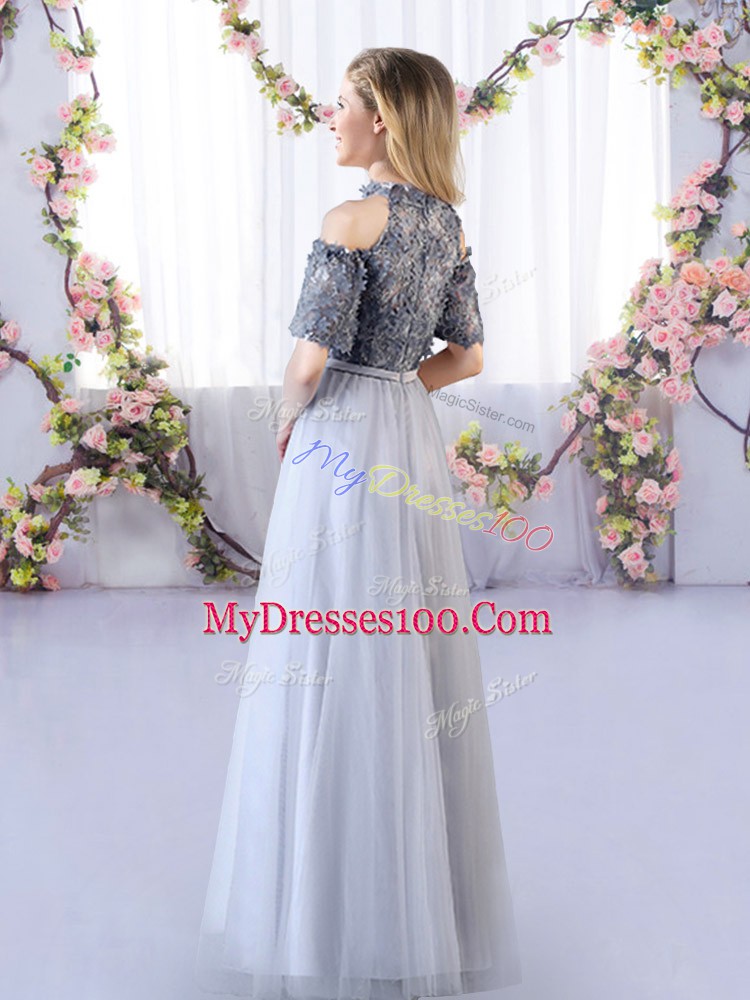 Fantastic Empire Bridesmaids Dress Grey Off The Shoulder Tulle Short Sleeves Floor Length Zipper