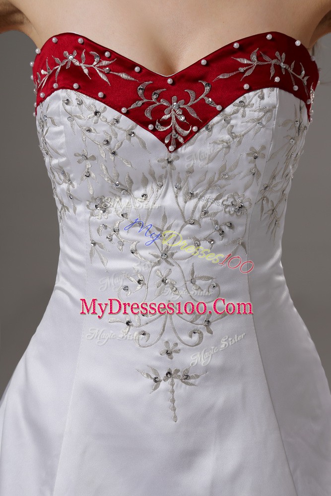 Inexpensive Sleeveless Beading and Embroidery Lace Up Wedding Gown with White Brush Train