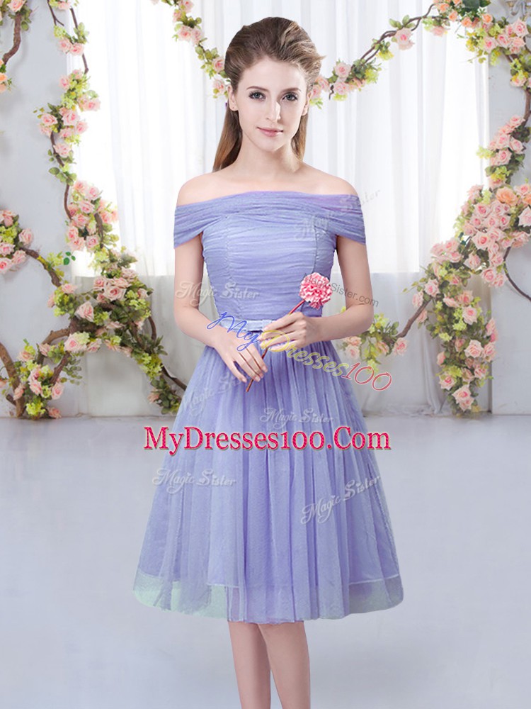 Lavender Empire Tulle Off The Shoulder Short Sleeves Belt Knee Length Lace Up Bridesmaid Dresses