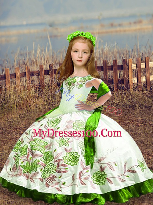 White Ball Gowns Embroidery Girls Pageant Dresses Lace Up Satin Sleeveless Floor Length