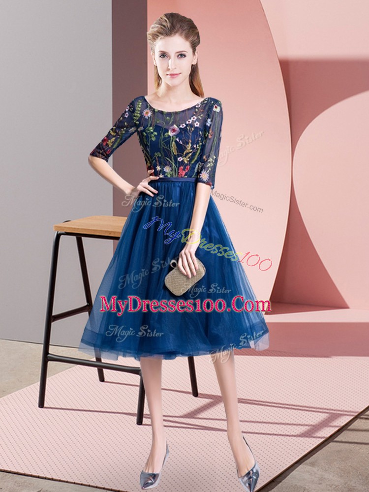 Navy Blue Lace Up Scoop Embroidery Dama Dress Tulle Half Sleeves