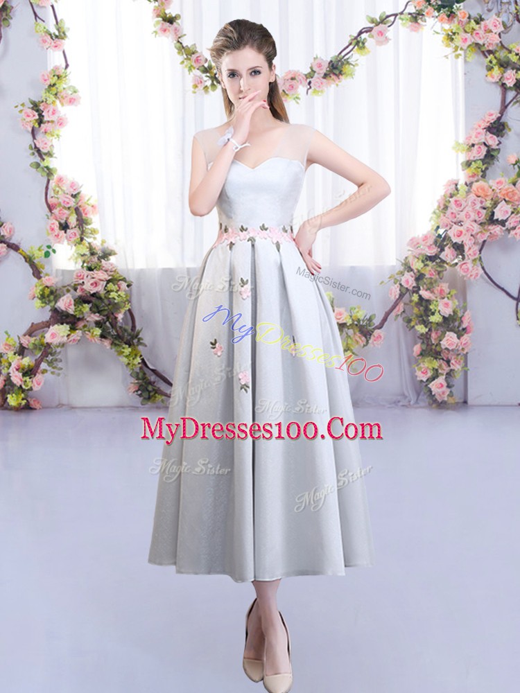 Tea Length Silver Wedding Guest Dresses Satin Sleeveless Appliques