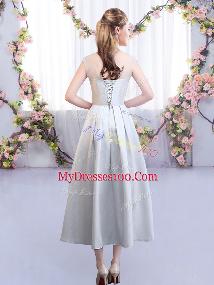 Tea Length Silver Wedding Guest Dresses Satin Sleeveless Appliques