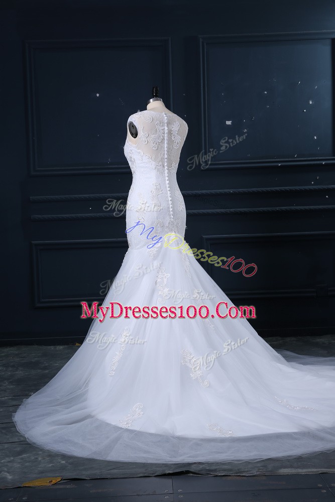 Modest White Mermaid Tulle Scoop Sleeveless Lace Clasp Handle Wedding Gowns Brush Train