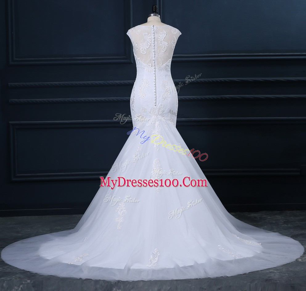 Modest White Mermaid Tulle Scoop Sleeveless Lace Clasp Handle Wedding Gowns Brush Train