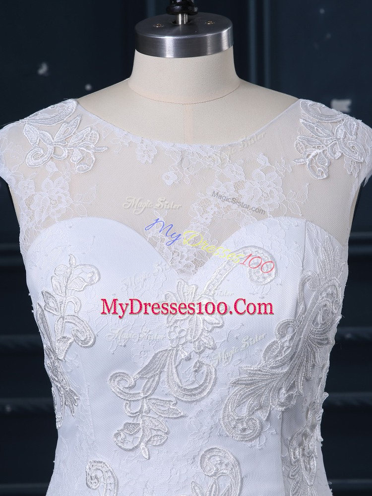 Modest White Mermaid Tulle Scoop Sleeveless Lace Clasp Handle Wedding Gowns Brush Train