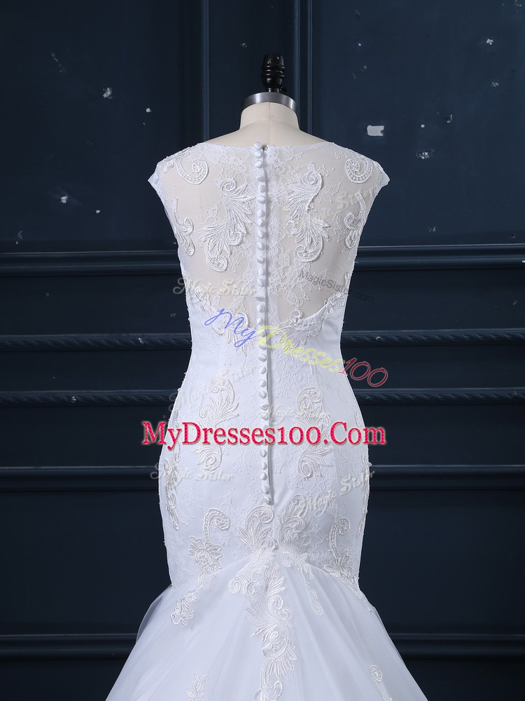 Modest White Mermaid Tulle Scoop Sleeveless Lace Clasp Handle Wedding Gowns Brush Train