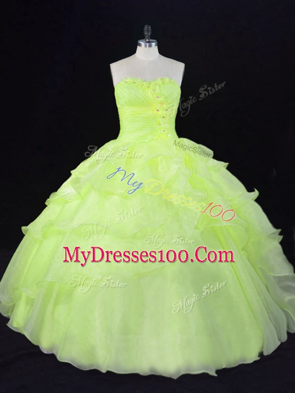 Dazzling Yellow Green Sleeveless Floor Length Ruffles and Hand Made Flower Lace Up Sweet 16 Quinceanera Dress