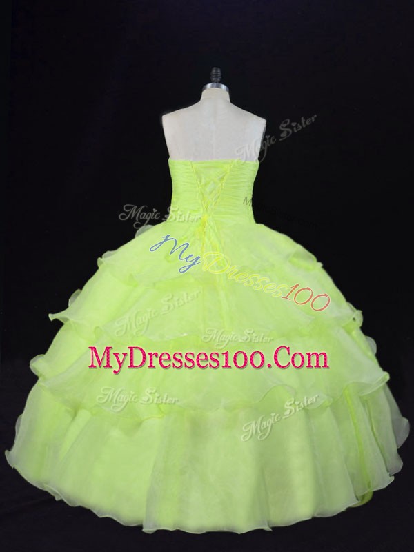 Dazzling Yellow Green Sleeveless Floor Length Ruffles and Hand Made Flower Lace Up Sweet 16 Quinceanera Dress