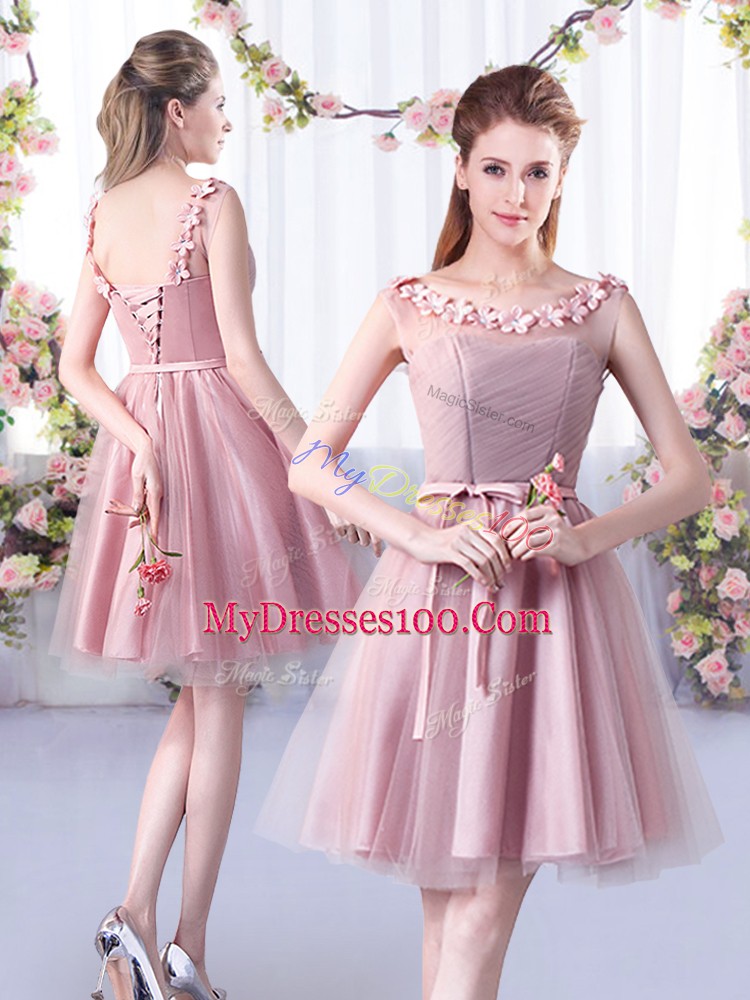 Artistic Pink Tulle Lace Up Bridesmaid Dresses Sleeveless Knee Length Appliques and Belt