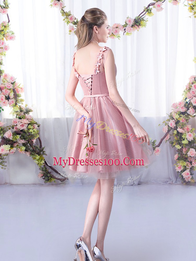 Artistic Pink Tulle Lace Up Bridesmaid Dresses Sleeveless Knee Length Appliques and Belt