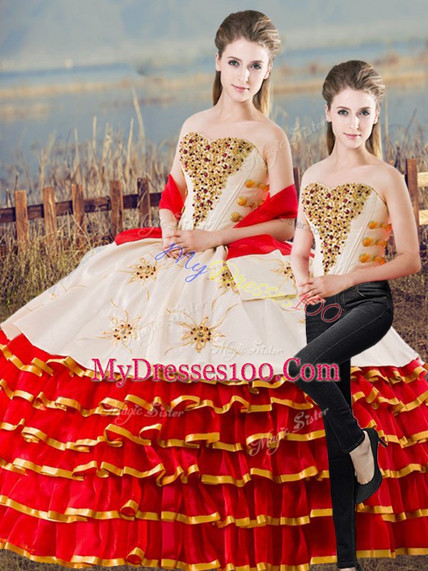 Fantastic Floor Length White And Red 15th Birthday Dress Organza Sleeveless Appliques and Ruffled Layers
