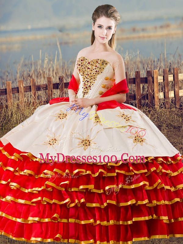 Fantastic Floor Length White And Red 15th Birthday Dress Organza Sleeveless Appliques and Ruffled Layers