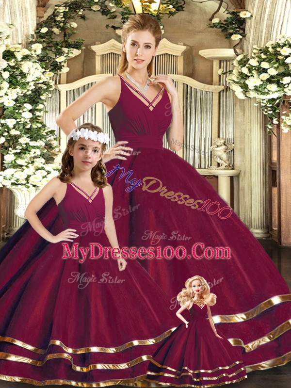 Traditional Burgundy V-neck Neckline Ruffled Layers 15 Quinceanera Dress Sleeveless Backless