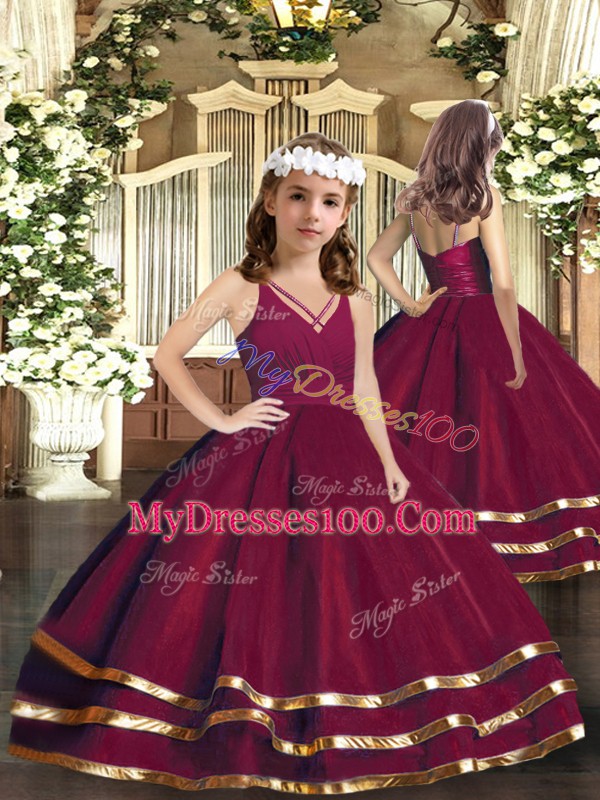Traditional Burgundy V-neck Neckline Ruffled Layers 15 Quinceanera Dress Sleeveless Backless