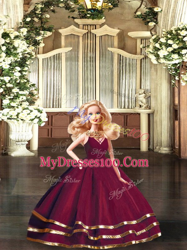 Traditional Burgundy V-neck Neckline Ruffled Layers 15 Quinceanera Dress Sleeveless Backless
