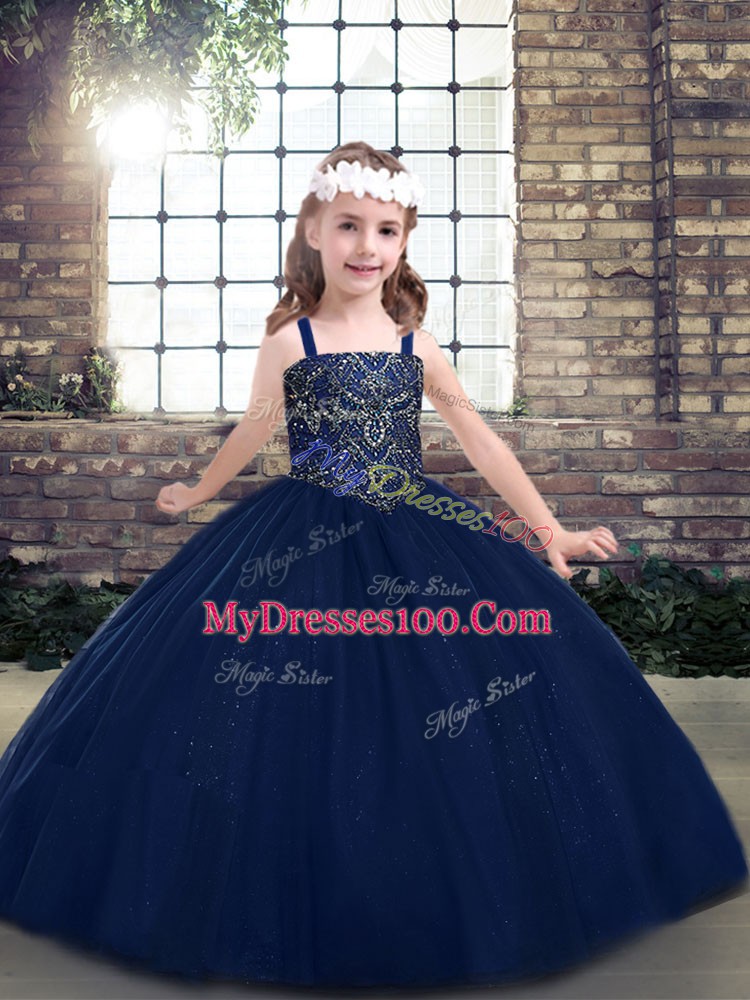 Fancy Navy Blue Tulle Lace Up Kids Pageant Dress Sleeveless Floor Length Beading