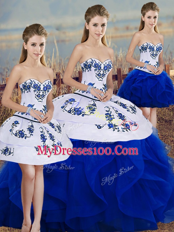 Suitable Sleeveless Embroidery and Ruffles and Bowknot Lace Up Ball Gown Prom Dress