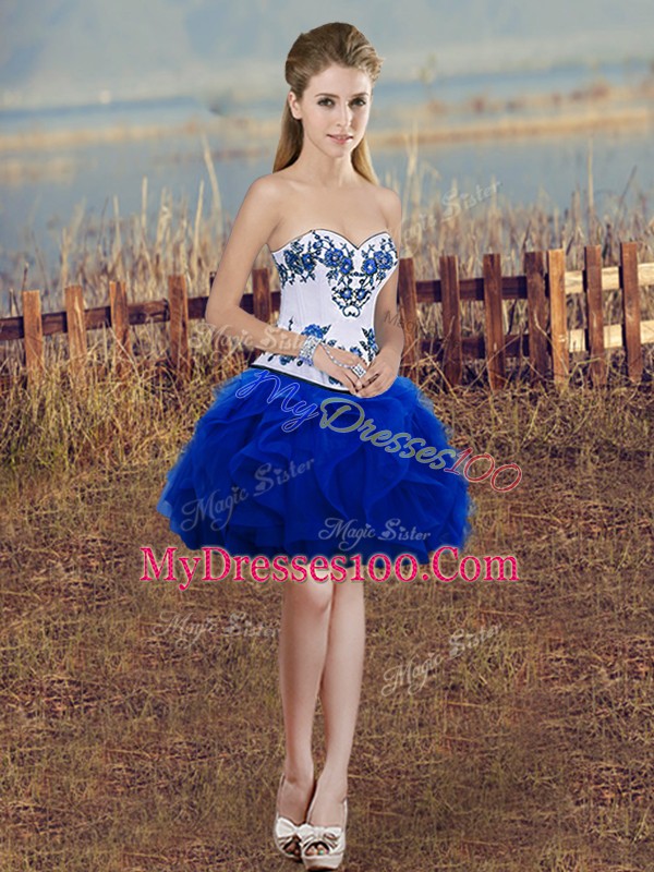 Suitable Sleeveless Embroidery and Ruffles and Bowknot Lace Up Ball Gown Prom Dress