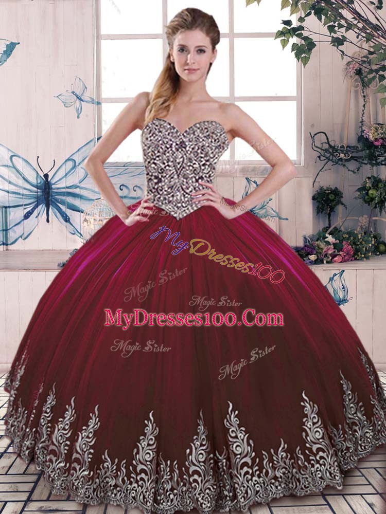 Sweetheart Sleeveless Tulle Quinceanera Gowns Beading and Embroidery Side Zipper