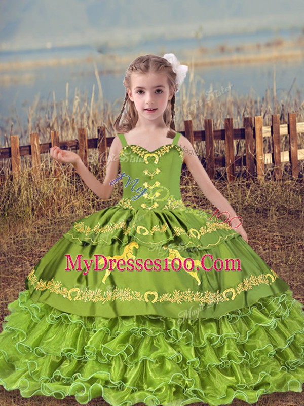 Floor Length Olive Green Pageant Gowns For Girls Straps Sleeveless Lace Up