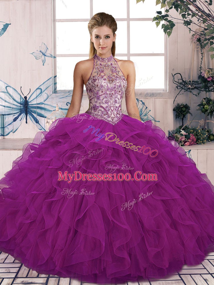 Traditional Halter Top Sleeveless Tulle Quinceanera Dresses Beading and Ruffles Lace Up