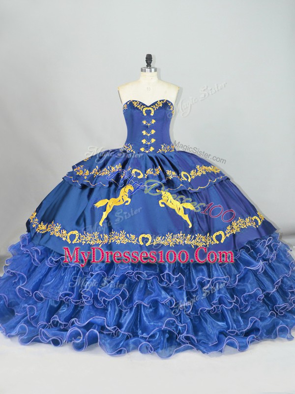 Satin and Organza Sleeveless Sweet 16 Dress Brush Train and Embroidery and Ruffled Layers