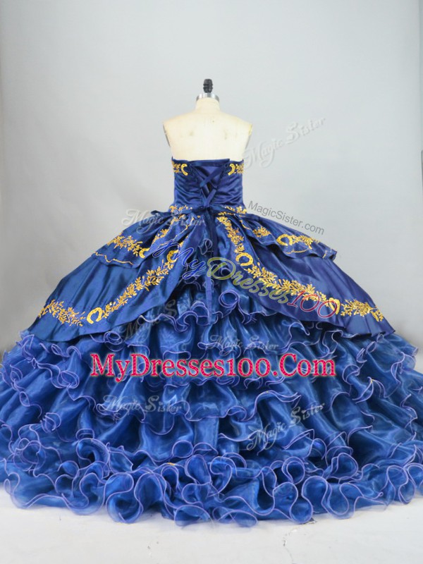 Satin and Organza Sleeveless Sweet 16 Dress Brush Train and Embroidery and Ruffled Layers