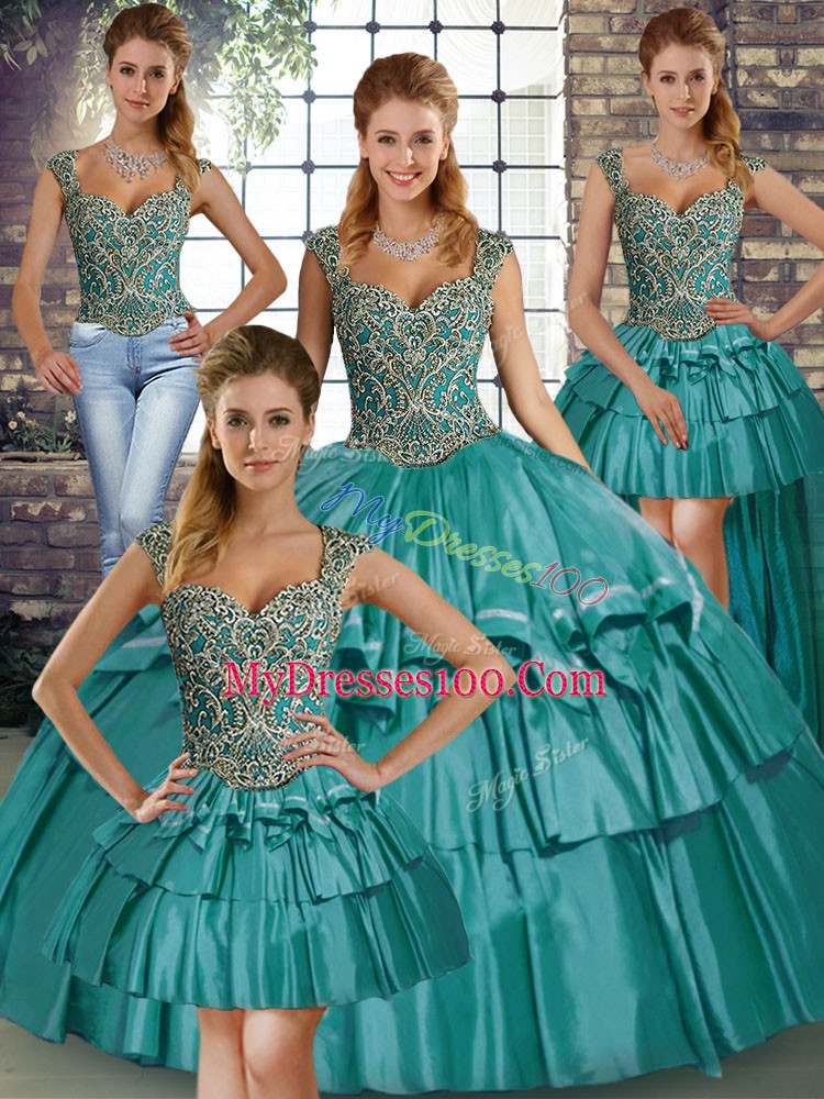 Popular Beading and Ruffled Layers Quinceanera Dress Teal Lace Up Sleeveless Floor Length