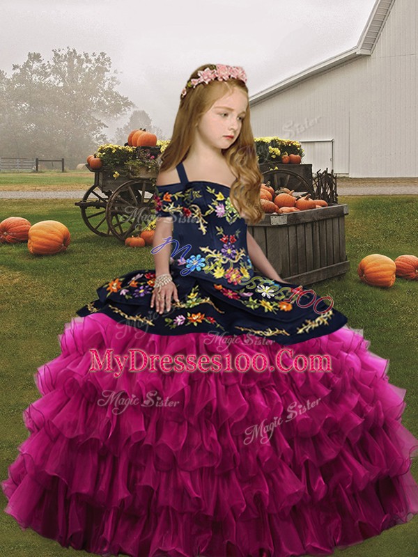 New Style Fuchsia Child Pageant Dress Party and Wedding Party with Embroidery and Ruffles Straps Sleeveless