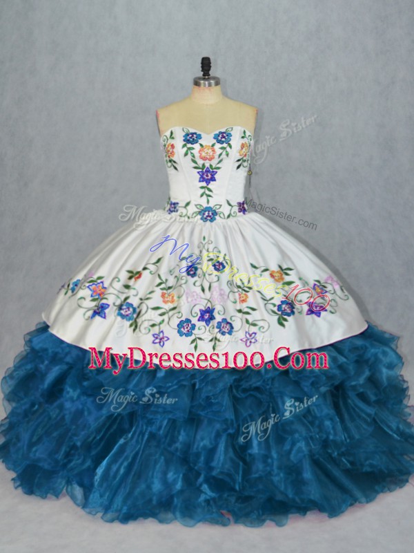 Organza Sweetheart Sleeveless Lace Up Embroidery and Ruffles Sweet 16 Dresses in Blue