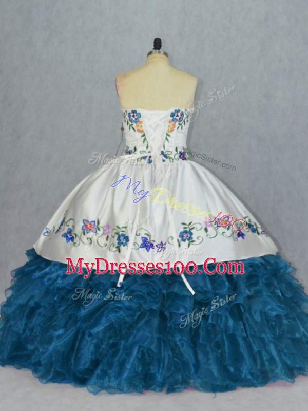 Organza Sweetheart Sleeveless Lace Up Embroidery and Ruffles Sweet 16 Dresses in Blue