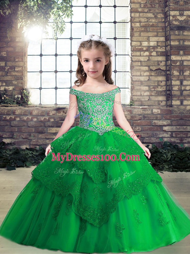 Green Little Girl Pageant Gowns Party and Wedding Party with Beading and Lace and Appliques Off The Shoulder Sleeveless Lace Up