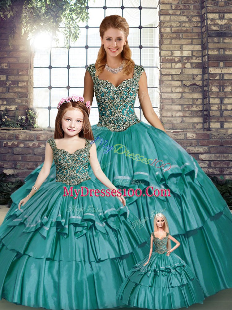 Teal Taffeta Lace Up Quinceanera Dresses Sleeveless Floor Length Beading and Ruffled Layers