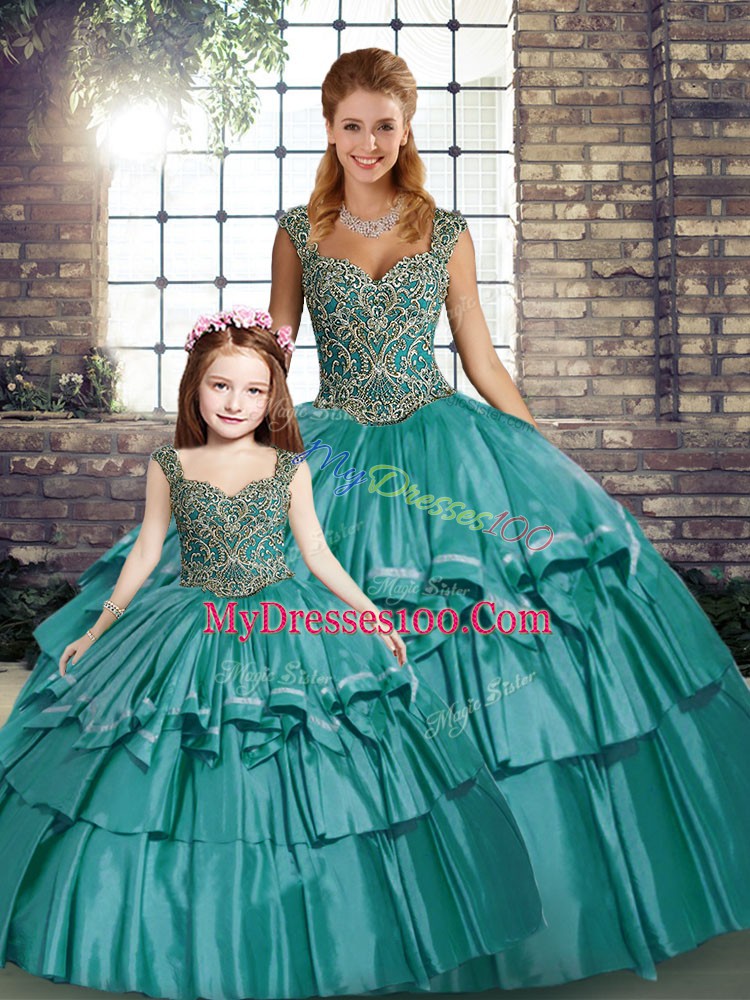 Teal Taffeta Lace Up Quinceanera Dresses Sleeveless Floor Length Beading and Ruffled Layers