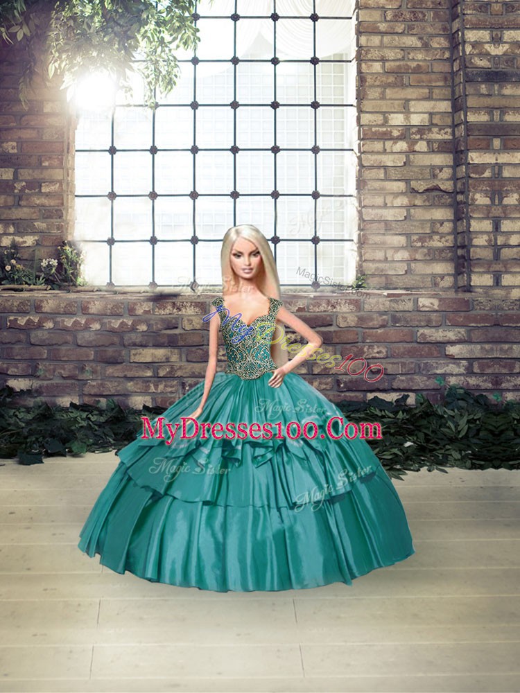 Teal Taffeta Lace Up Quinceanera Dresses Sleeveless Floor Length Beading and Ruffled Layers