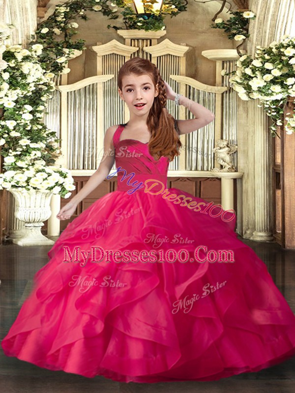 Coral Red Organza Lace Up Straps Sleeveless Floor Length Little Girl Pageant Gowns Ruffles and Ruching