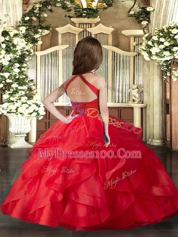 Coral Red Organza Lace Up Straps Sleeveless Floor Length Little Girl Pageant Gowns Ruffles and Ruching