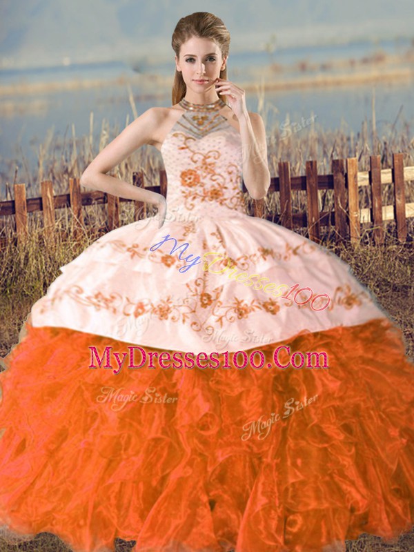 Orange and Rust Red Halter Top Neckline Embroidery Sweet 16 Dresses Sleeveless Lace Up
