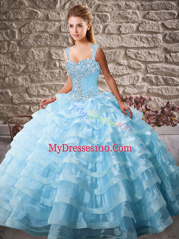 Best Blue Lace Up Straps Beading and Ruffled Layers Sweet 16 Quinceanera Dress Organza Sleeveless Court Train