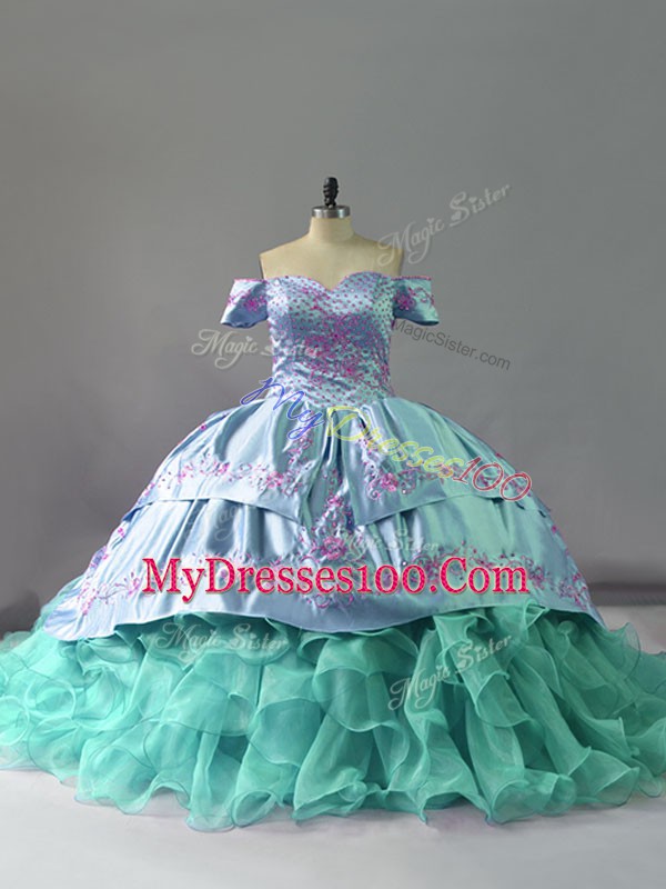 Charming Sleeveless Chapel Train Lace Up Embroidery and Ruffles Quinceanera Dresses